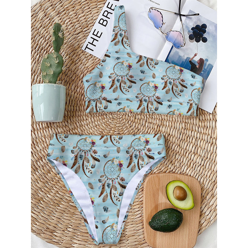 Blue Indian Dream Catcher Pattern Print One Shoulder Bikini Top