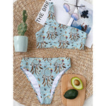 Blue Indian Dream Catcher Pattern Print One Shoulder Bikini Top