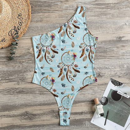 Blue Indian Dream Catcher Pattern Print One Shoulder Bodysuit
