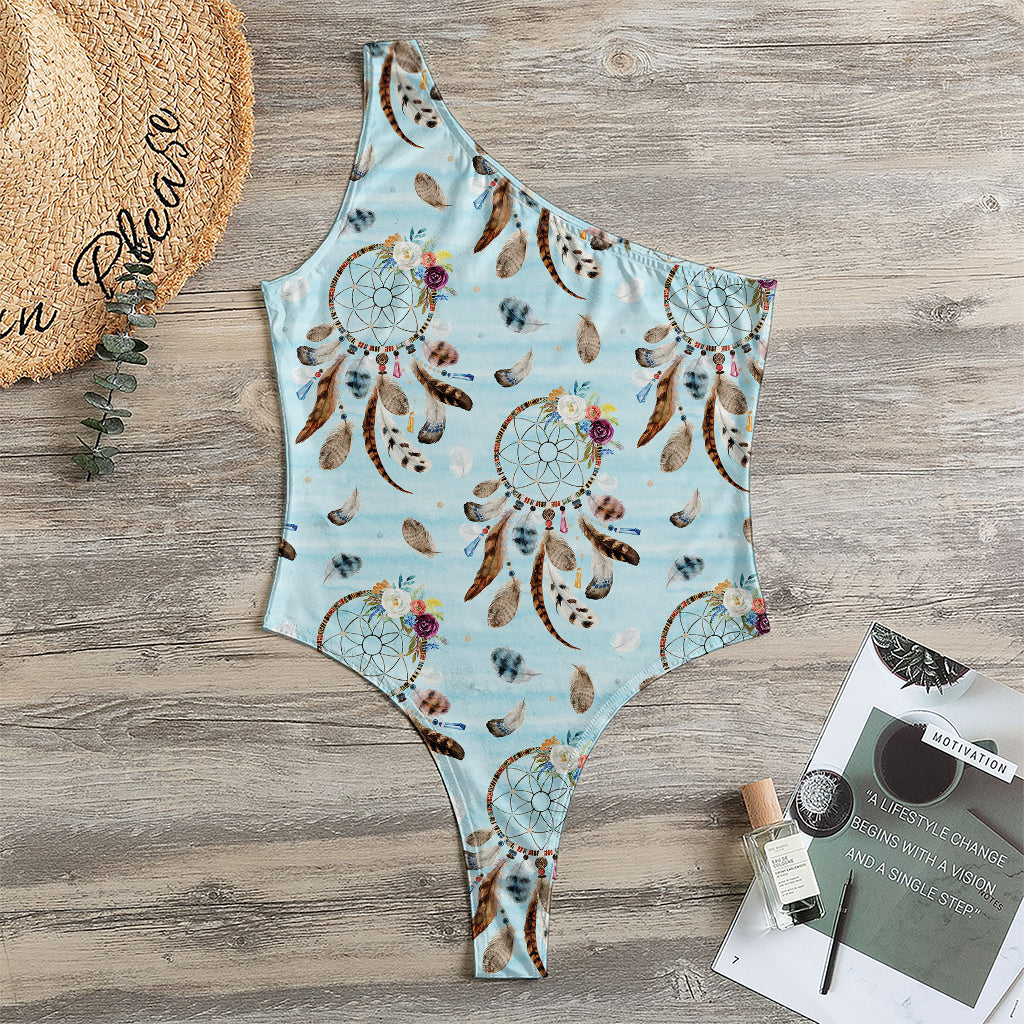 Blue Indian Dream Catcher Pattern Print One Shoulder Bodysuit