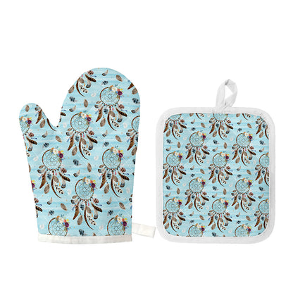 Blue Indian Dream Catcher Pattern Print Oven Mitt And Pot Holder Set