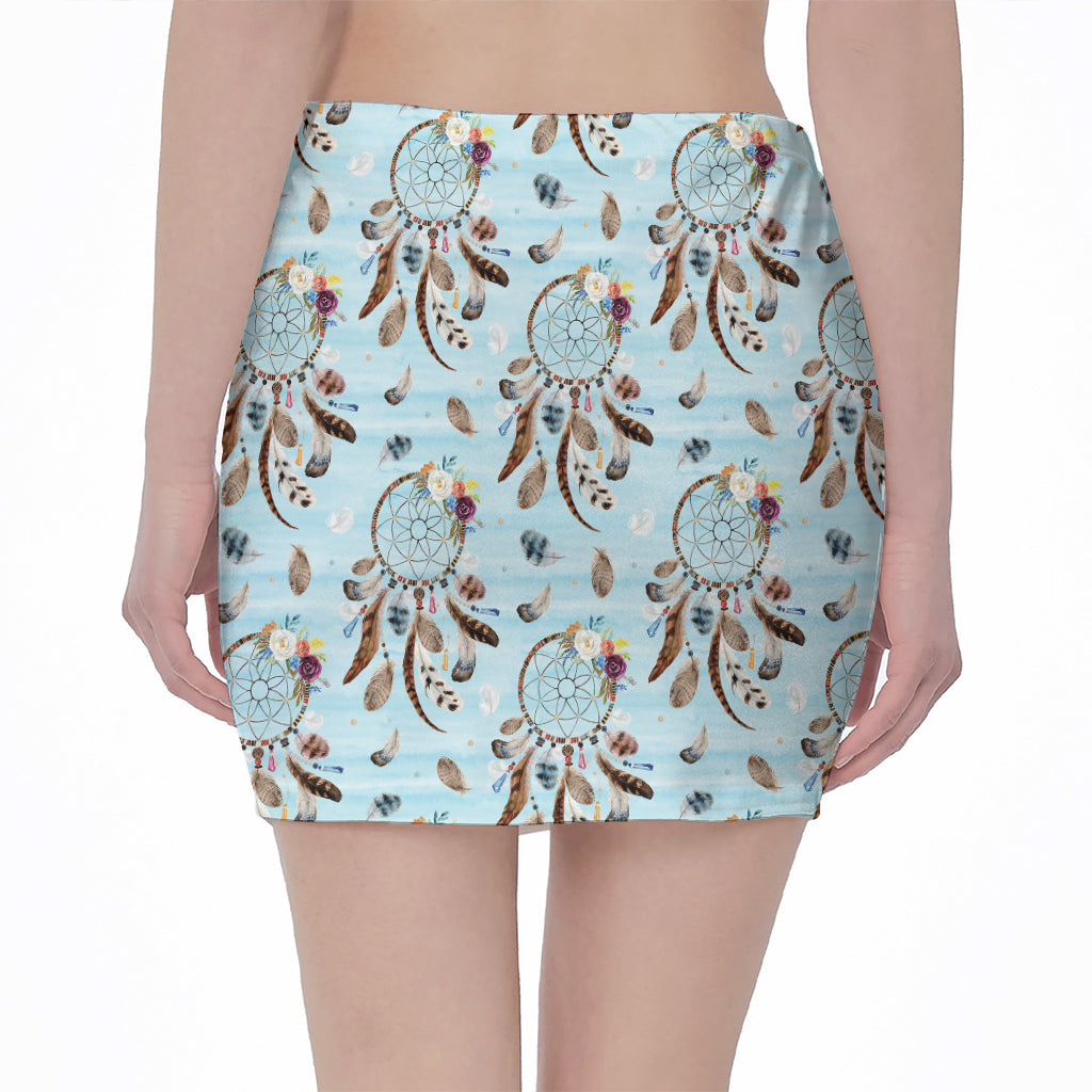 Blue Indian Dream Catcher Pattern Print Pencil Mini Skirt