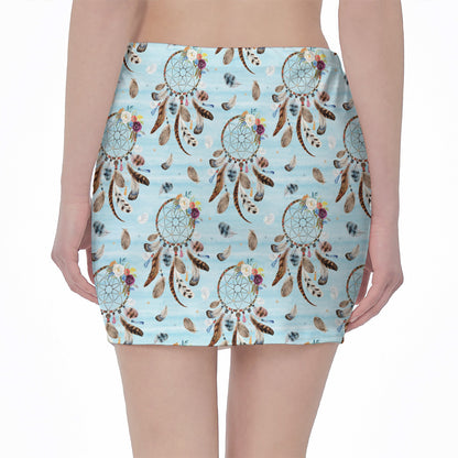 Blue Indian Dream Catcher Pattern Print Pencil Mini Skirt