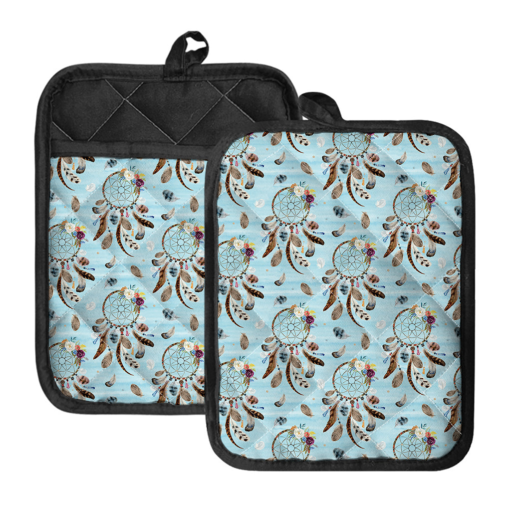 Blue Indian Dream Catcher Pattern Print Pot Holders With Pocket
