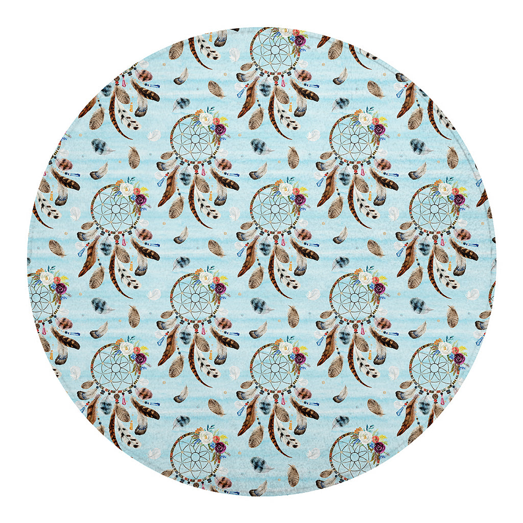 Blue Indian Dream Catcher Pattern Print Round Blanket