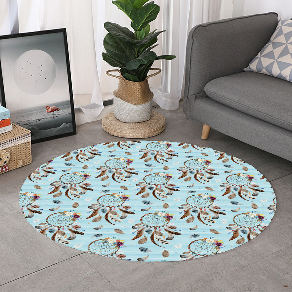 Blue Indian Dream Catcher Pattern Print Round Rug