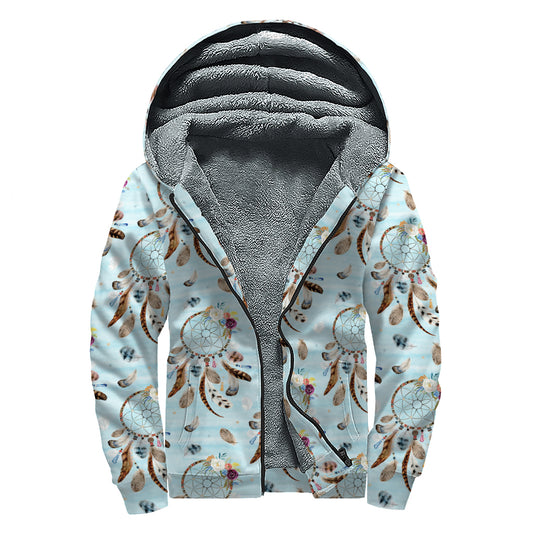 Blue Indian Dream Catcher Pattern Print Sherpa Lined Zip Up Hoodie