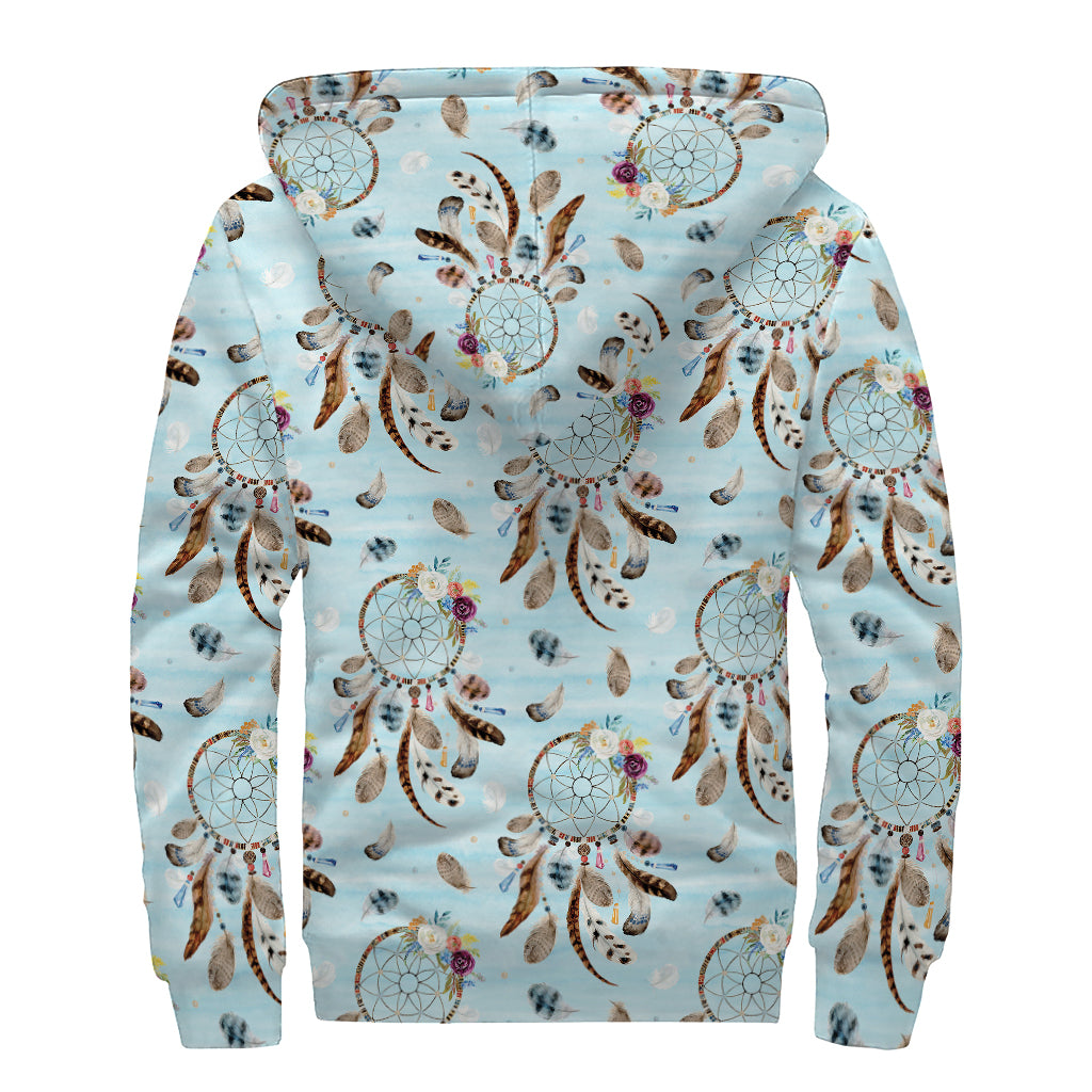 Blue Indian Dream Catcher Pattern Print Sherpa Lined Zip Up Hoodie