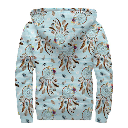 Blue Indian Dream Catcher Pattern Print Sherpa Lined Zip Up Hoodie