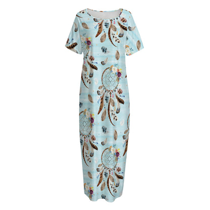 Blue Indian Dream Catcher Pattern Print Short Sleeve Long Nightdress