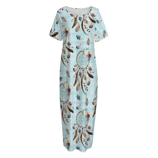 Blue Indian Dream Catcher Pattern Print Short Sleeve Long Nightdress