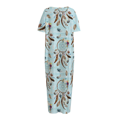 Blue Indian Dream Catcher Pattern Print Short Sleeve Long Nightdress