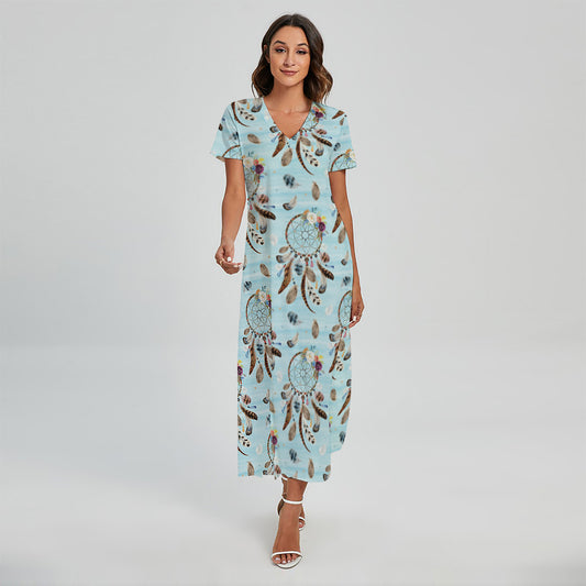 Blue Indian Dream Catcher Pattern Print Short Sleeve Maxi Dress