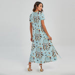 Blue Indian Dream Catcher Pattern Print Short Sleeve Maxi Dress