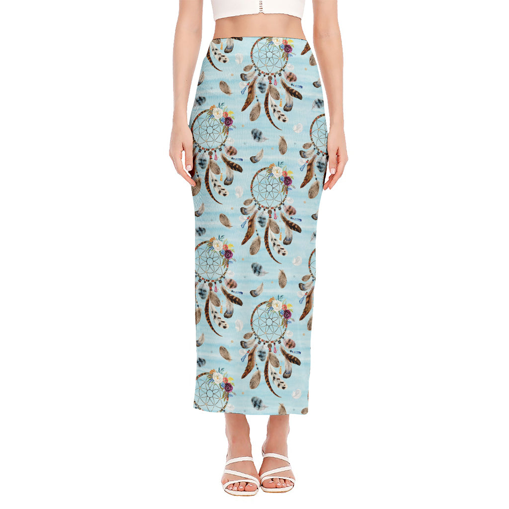 Blue Indian Dream Catcher Pattern Print Side Slit Maxi Skirt