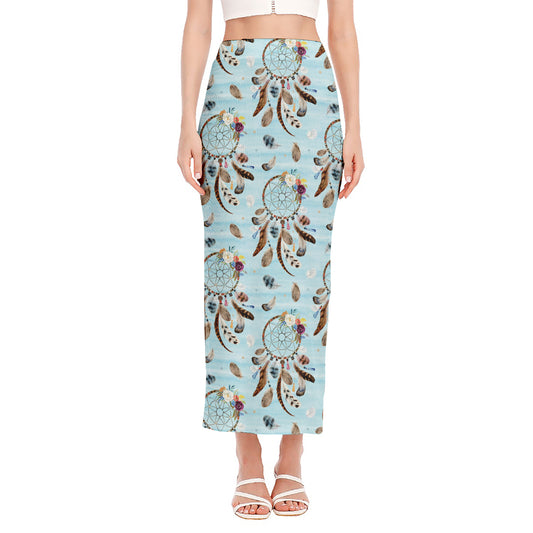 Blue Indian Dream Catcher Pattern Print Side Slit Maxi Skirt