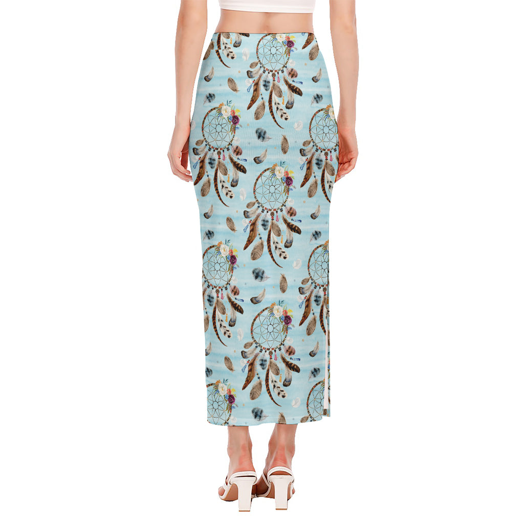 Blue Indian Dream Catcher Pattern Print Side Slit Maxi Skirt