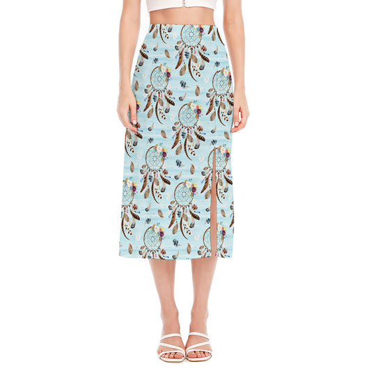 Blue Indian Dream Catcher Pattern Print Side Slit Midi Skirt
