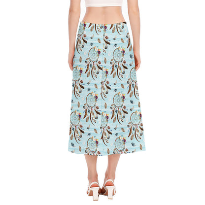Blue Indian Dream Catcher Pattern Print Side Slit Midi Skirt