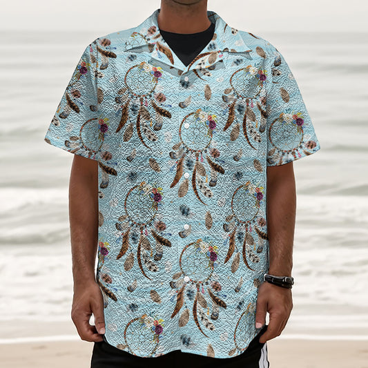 Blue Indian Dream Catcher Pattern Print Textured Short Sleeve Shirt