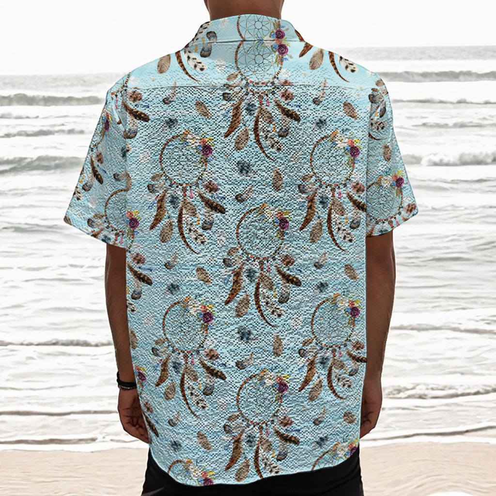 Blue Indian Dream Catcher Pattern Print Textured Short Sleeve Shirt