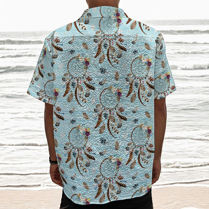 Blue Indian Dream Catcher Pattern Print Textured Short Sleeve Shirt