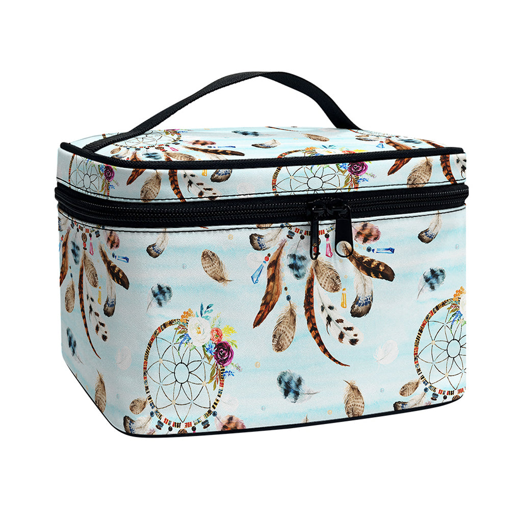 Blue Indian Dream Catcher Pattern Print Travel Makeup Bag