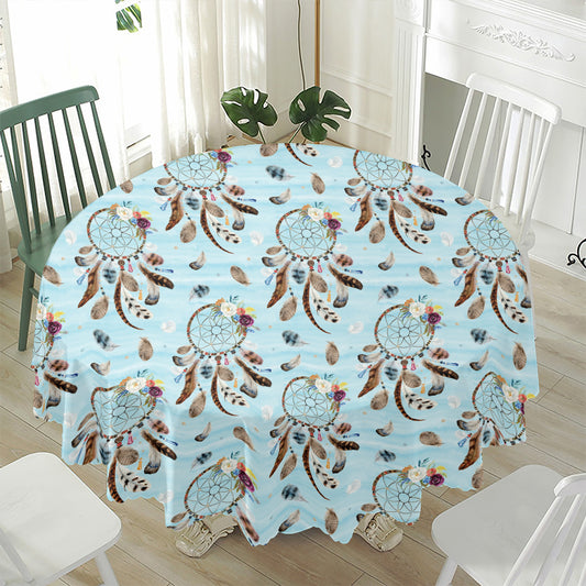 Blue Indian Dream Catcher Pattern Print Waterproof Round Tablecloth