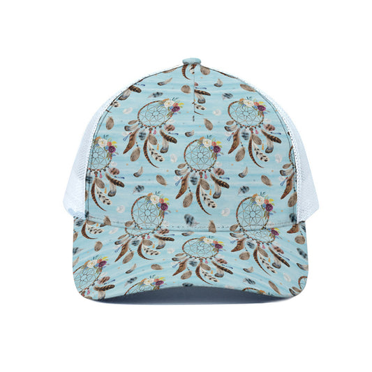 Blue Indian Dream Catcher Pattern Print White Mesh Trucker Cap