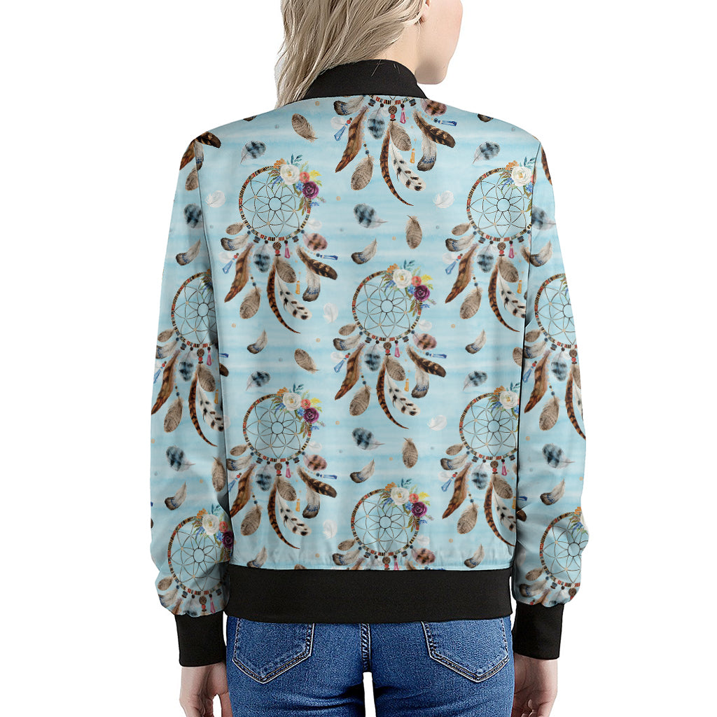 Blue Indian Dream Catcher Pattern Print Women's Bomber Jacket