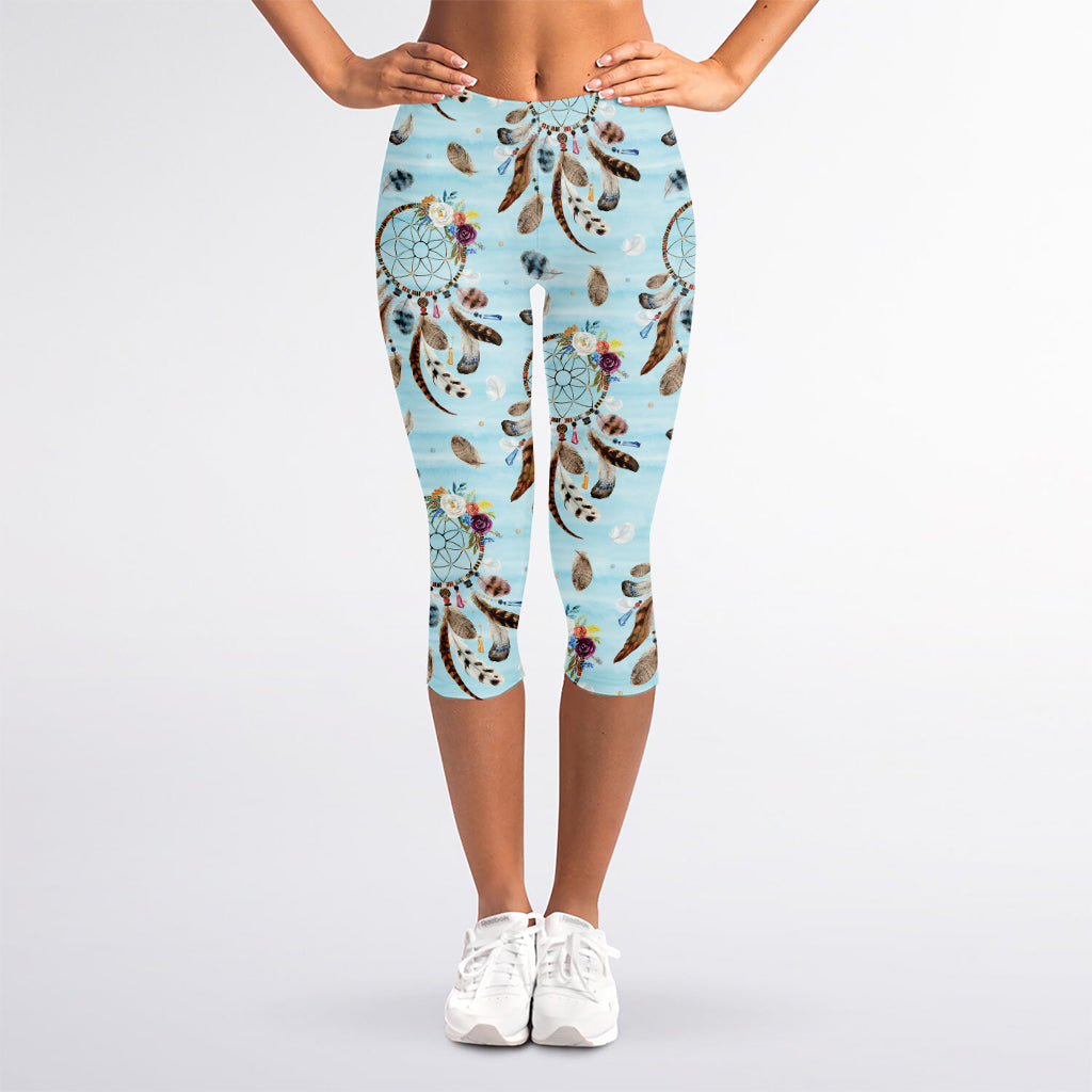 Blue Indian Dream Catcher Pattern Print Women's Capri Leggings