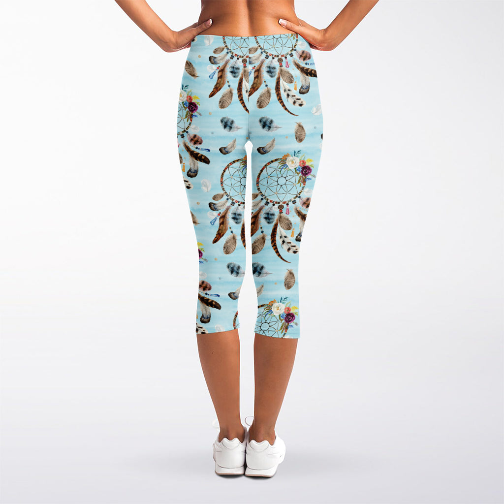 Blue Indian Dream Catcher Pattern Print Women's Capri Leggings