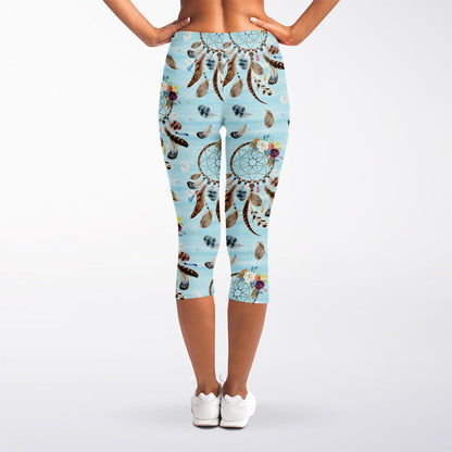 Blue Indian Dream Catcher Pattern Print Women's Capri Leggings