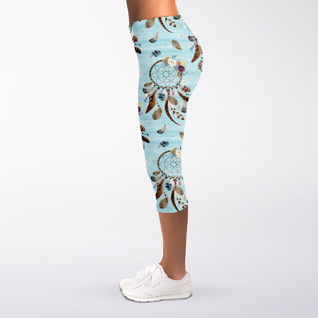 Blue Indian Dream Catcher Pattern Print Women's Capri Leggings