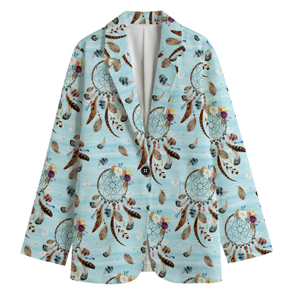 Blue Indian Dream Catcher Pattern Print Women's Cotton Blazer