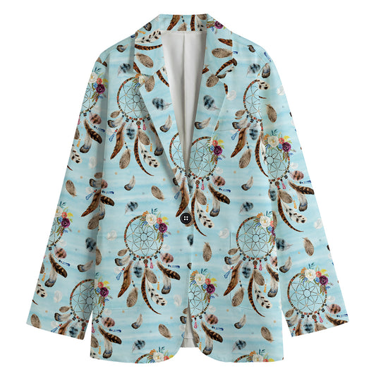 Blue Indian Dream Catcher Pattern Print Women's Cotton Blazer