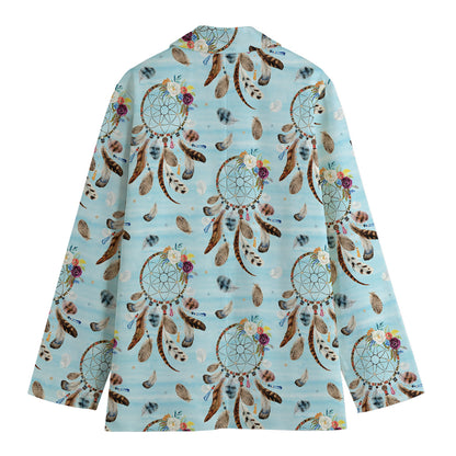 Blue Indian Dream Catcher Pattern Print Women's Cotton Blazer