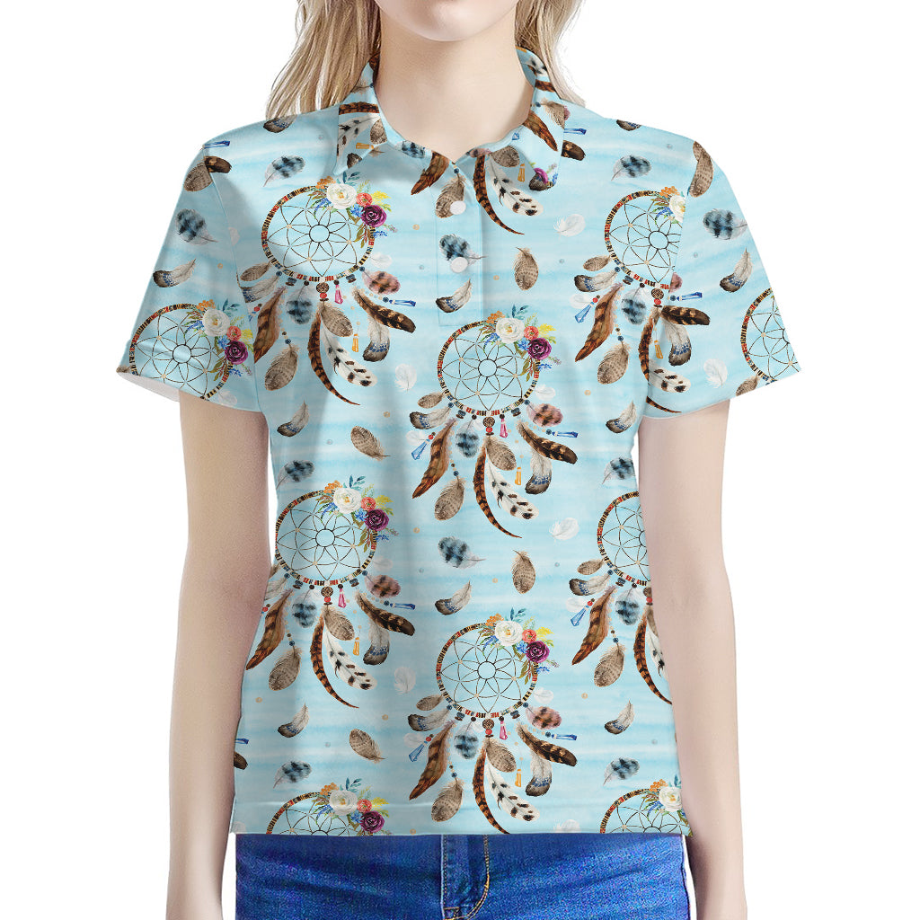 Blue Indian Dream Catcher Pattern Print Women's Polo Shirt