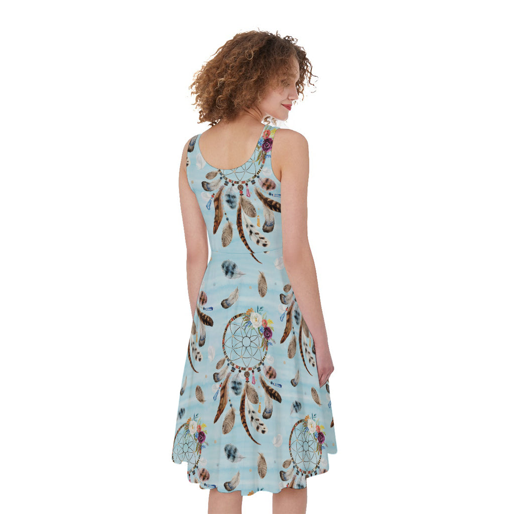 Blue Indian Dream Catcher Pattern Print Women's Sleeveless Dress