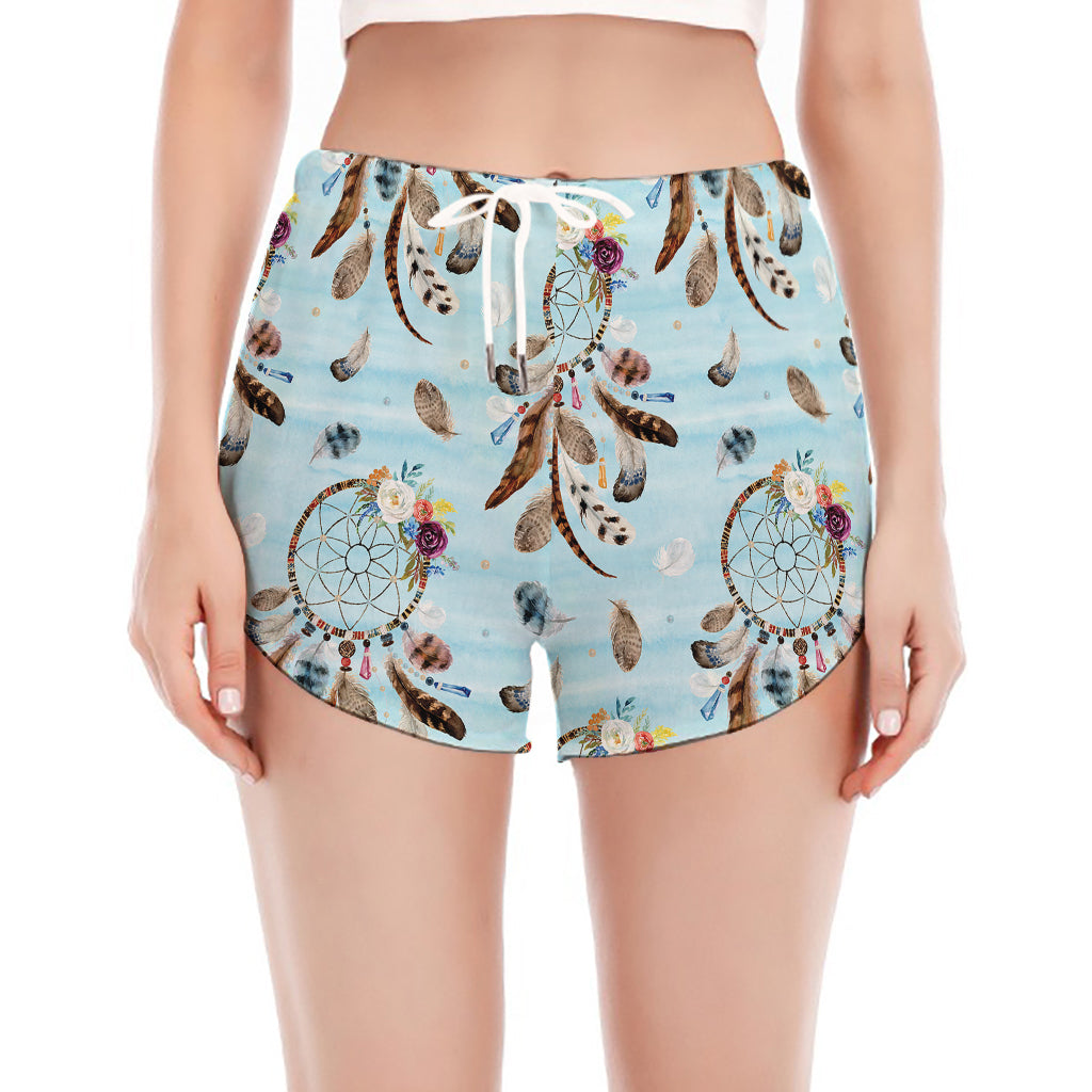 Blue Indian Dream Catcher Pattern Print Women's Split Running Shorts