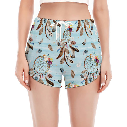 Blue Indian Dream Catcher Pattern Print Women's Split Running Shorts