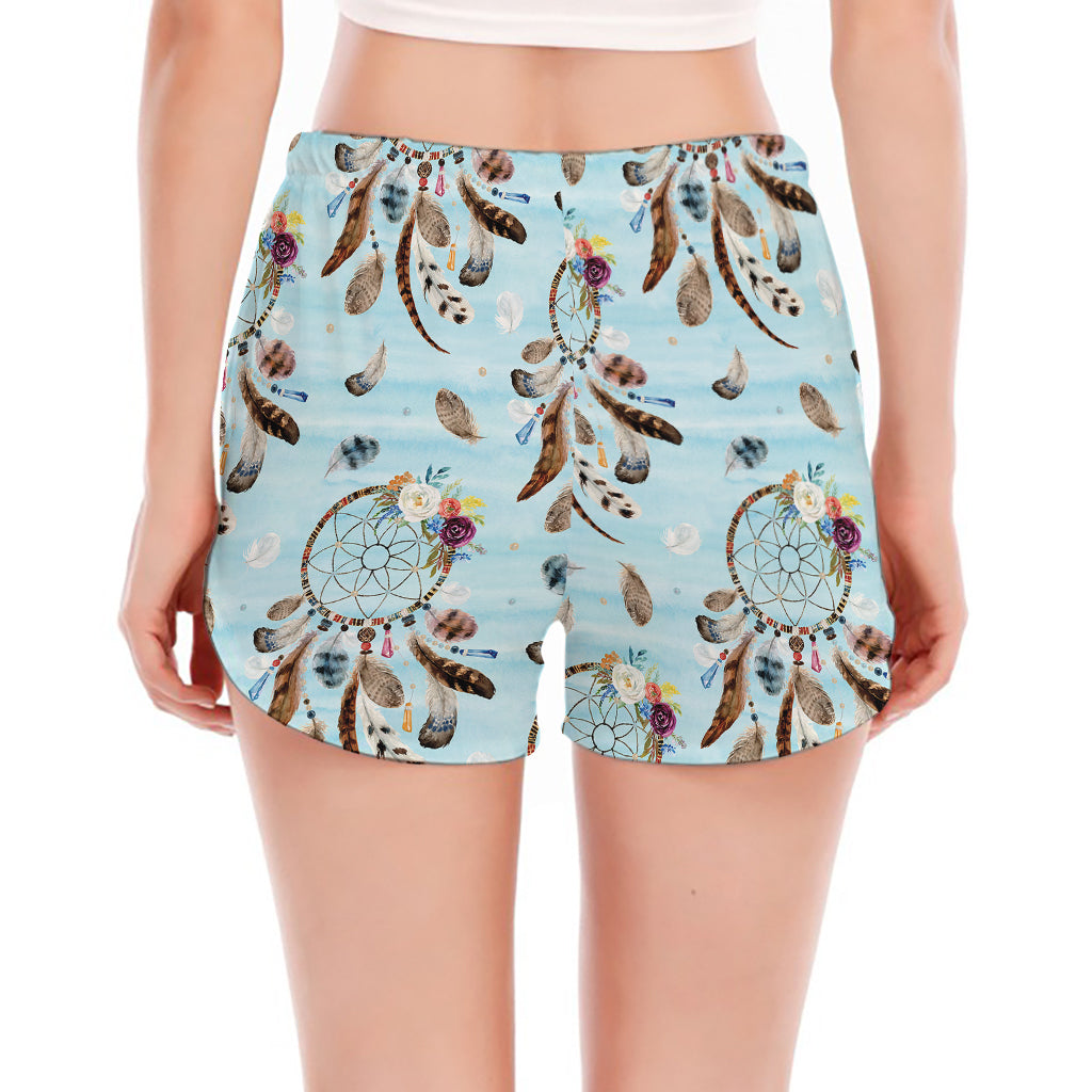 Blue Indian Dream Catcher Pattern Print Women's Split Running Shorts