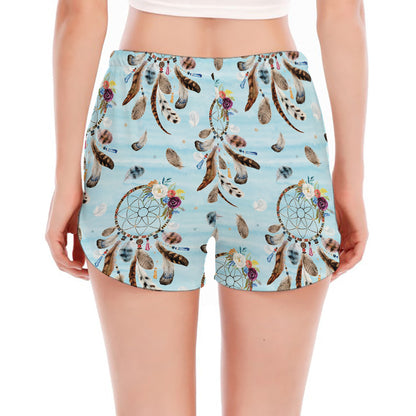 Blue Indian Dream Catcher Pattern Print Women's Split Running Shorts