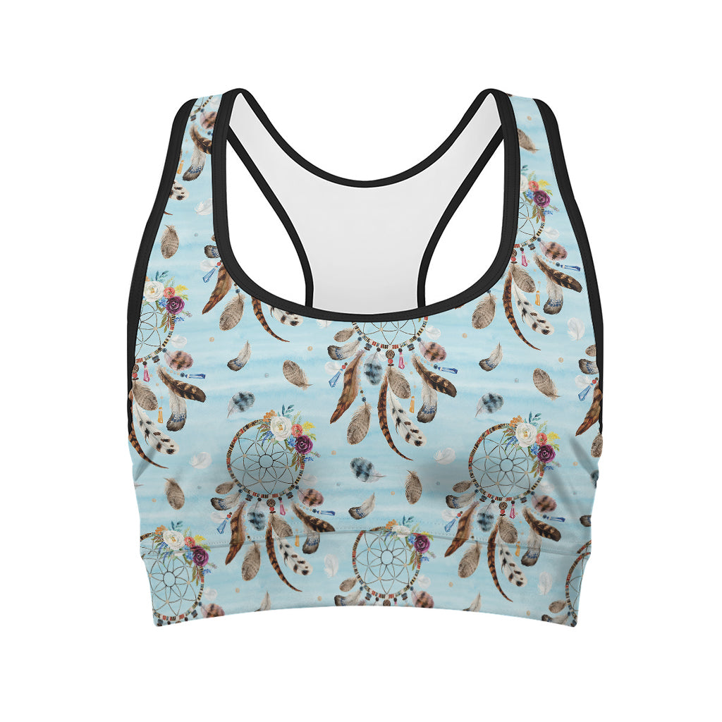 Blue Indian Dream Catcher Pattern Print Women's Sports Bra