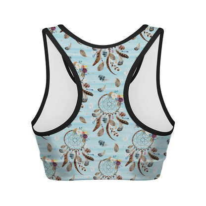 Blue Indian Dream Catcher Pattern Print Women's Sports Bra