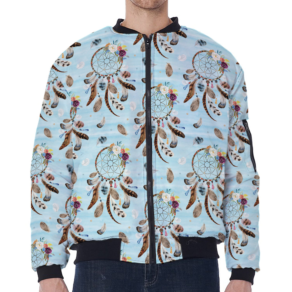 Blue Indian Dream Catcher Pattern Print Zip Sleeve Bomber Jacket