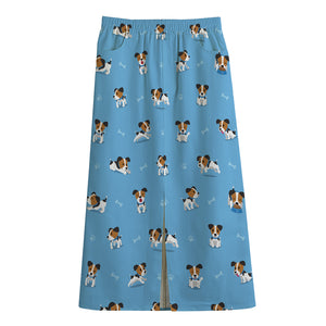 Blue Jack Russell Terrier Pattern Print Cotton Front Slit Maxi Skirt