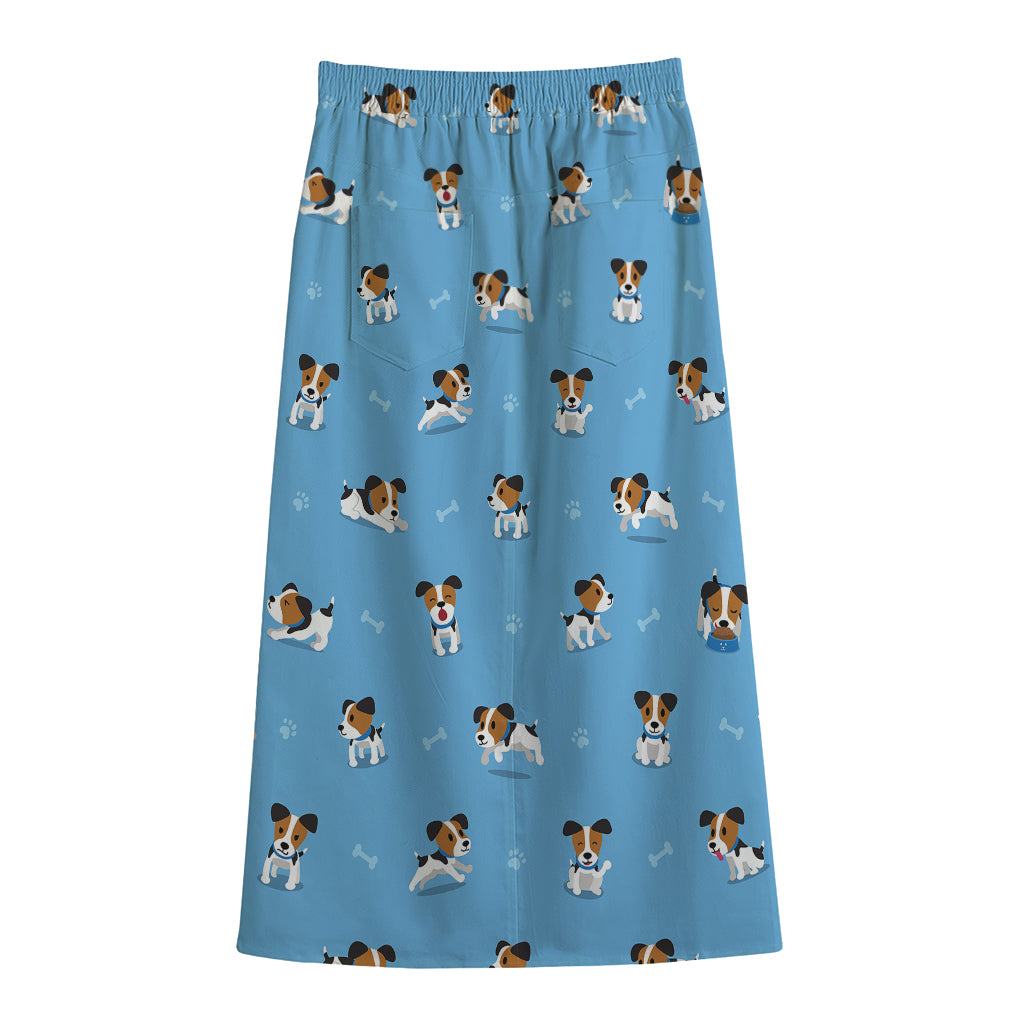 Blue Jack Russell Terrier Pattern Print Cotton Front Slit Maxi Skirt