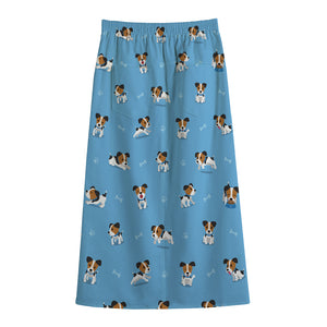 Blue Jack Russell Terrier Pattern Print Cotton Front Slit Maxi Skirt