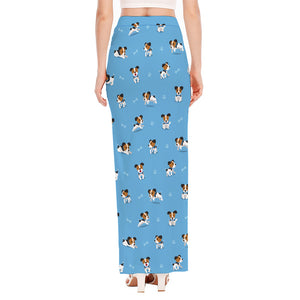 Blue Jack Russell Terrier Pattern Print High Slit Maxi Skirt